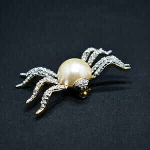 Vintage Large Spider Brooch, Faux Pearl Body, Rhinestone Legs, 1970s